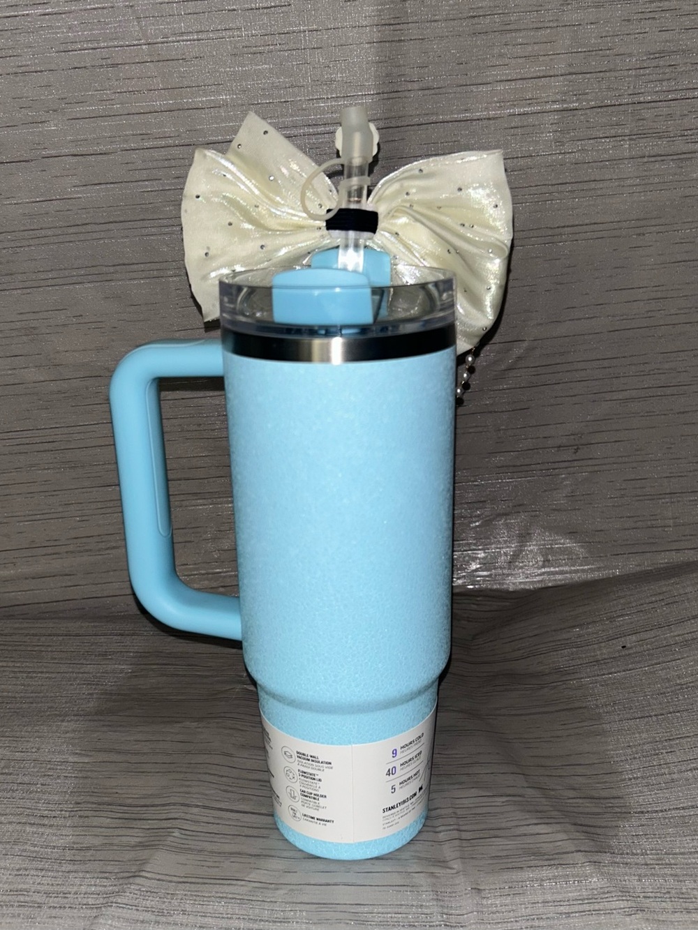 Stanley blue crush Tumbler with Cream Decorative Bow - Picture 2 of 2